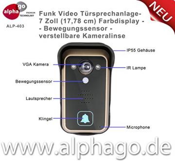 Funk- Video Türsprechanlage ALP-403 (nachfolge Modell ALP-400) NEU: verstellbare Kameralinse - 7 Zoll Farbdisplay - Drahtlose Gegensprechanlage - kabellose Installation - Bewegungssensor - Tür-Überwachung - erweiterbar bis zu 3 Monitore - Touchbuttons - Stromversorgung Wechsel (9-16V) Gleichspannung (5-16V) - 