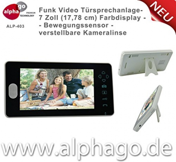 Funk- Video Türsprechanlage ALP-403 (nachfolge Modell ALP-400) NEU: verstellbare Kameralinse - 7 Zoll Farbdisplay - Drahtlose Gegensprechanlage - kabellose Installation - Bewegungssensor - Tür-Überwachung - erweiterbar bis zu 3 Monitore - Touchbuttons - Stromversorgung Wechsel (9-16V) Gleichspannung (5-16V) - 