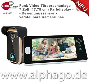 Funk- Video Türsprechanlage ALP-403 (nachfolge Modell ALP-400) NEU: verstellbare Kameralinse - 7 Zoll Farbdisplay - Drahtlose Gegensprechanlage - kabellose Installation - Bewegungssensor - Tür-Überwachung - erweiterbar bis zu 3 Monitore - Touchbuttons - Stromversorgung Wechsel (9-16V) Gleichspannung (5-16V) -