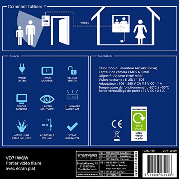 Smartwares Video-Türgegensprechanlage mit flachem Touchscreen-Panel, Farbbildmonitor, VD71W SW - 